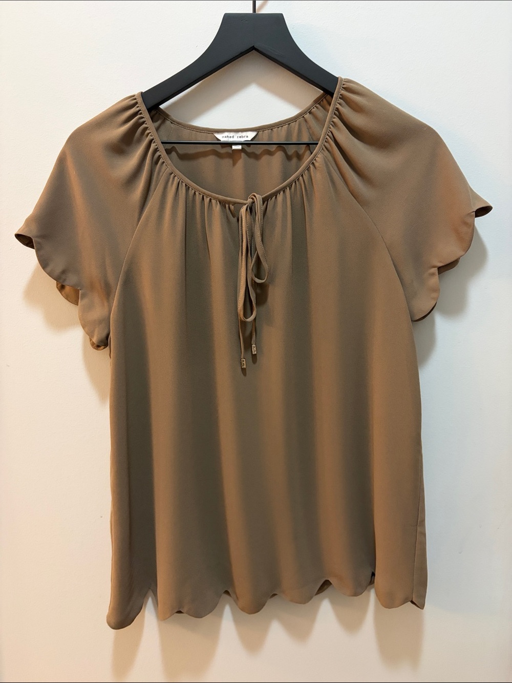 Naked Zebra Brown Tie-Neck Scallop Hem Blouse